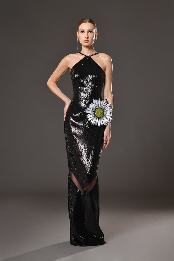 Black sequined dress with thread embroidered flower