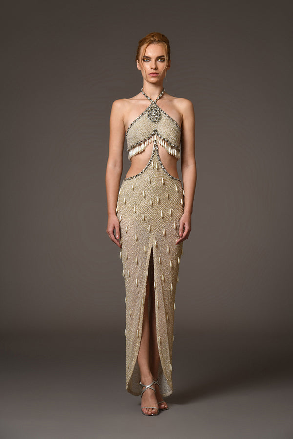 Halter neck dress with embroidered pearls, crystals, and cutouts on the waist