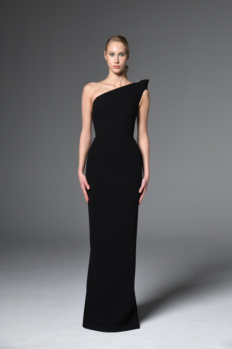 Black asymmetric crêpe embroidered dress