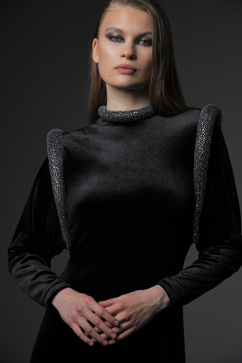 Black velvet dress with crystal embellishments