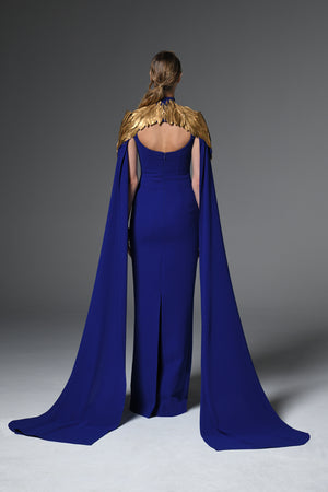 Royal blue crêpe dress with gold feathers