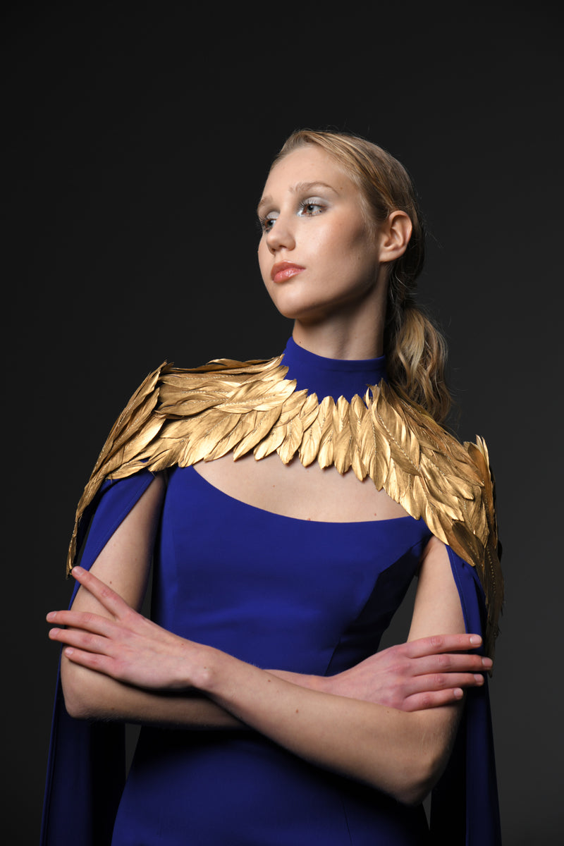 Royal blue crêpe dress with gold feathers
