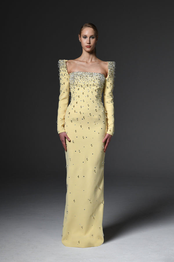 Fully embroidered yellow dress with structured sleeves