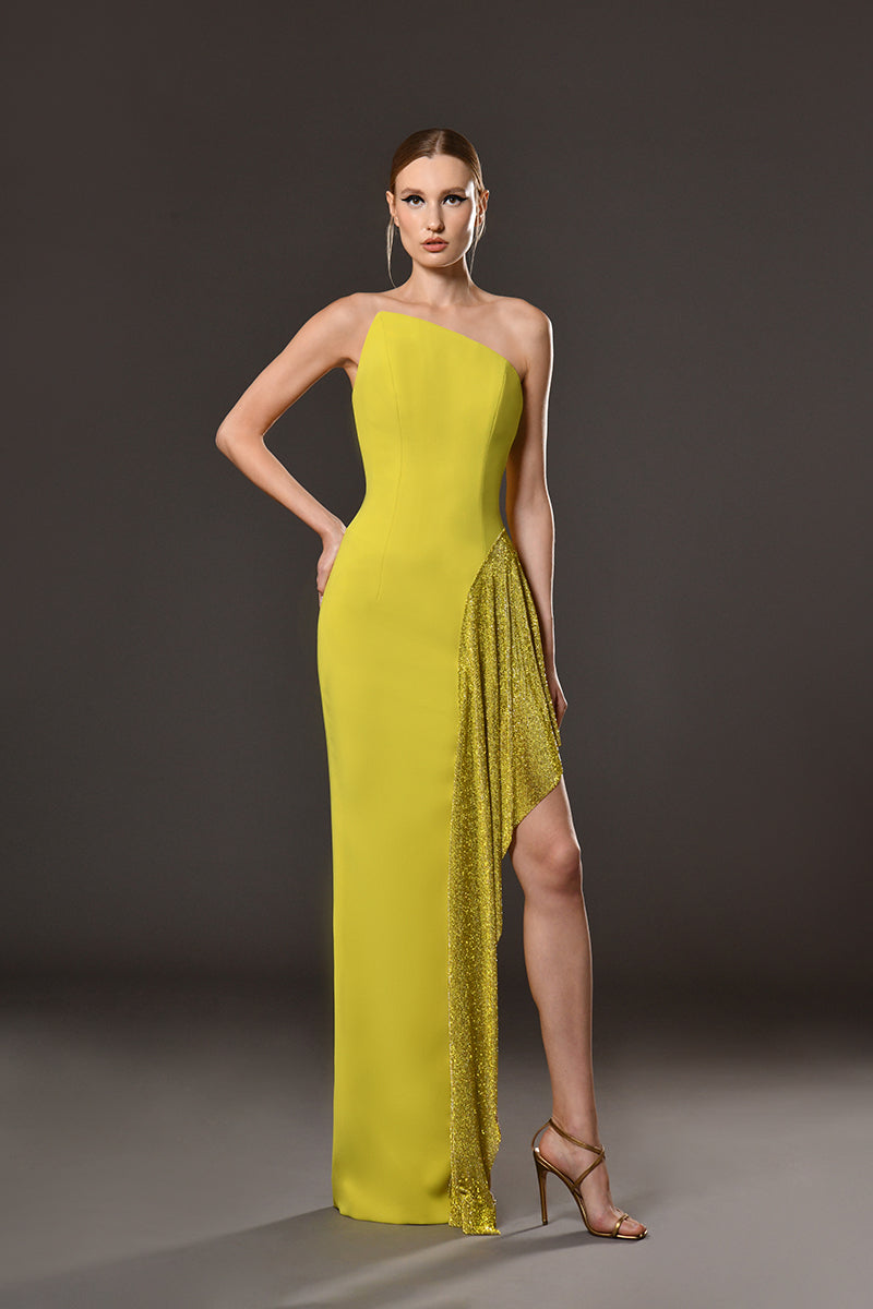 Lime yellow crêpe dress with rhinestones chainmail on side slit