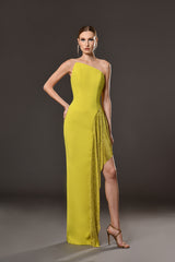 Strapless Asymmetrical lime yellow crêpe dress with rhinestones chainmail on side slit
