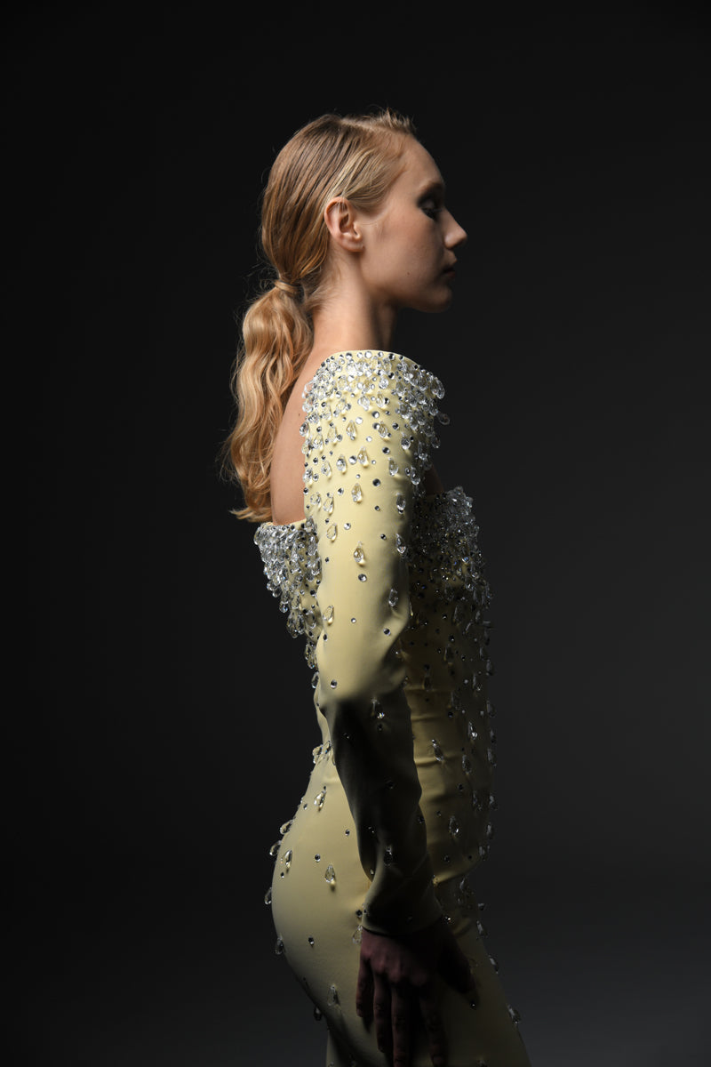 Fully embroidered yellow dress with structured long sleeves