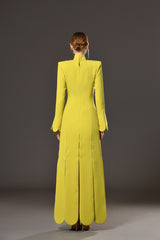 Lime yellow structured crêpe coat dress with petal details skirt
