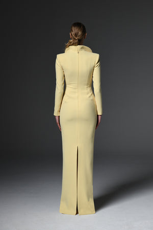 Yellow long sleeved crêpe dress with embroidered collar