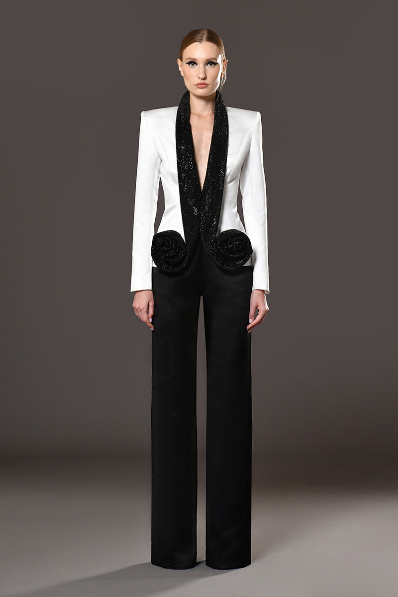 White Blazer with Black Embroidered Collar and black pants