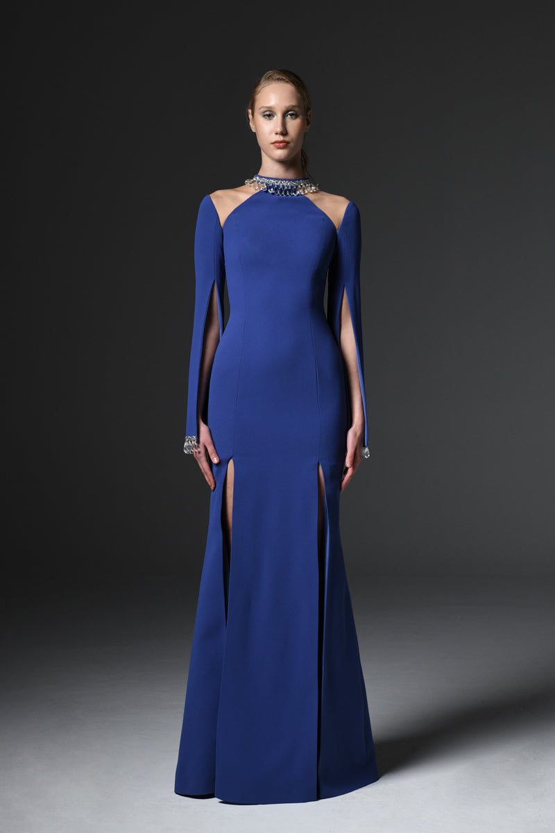 Dark blue crêpe dress with embellished crystals