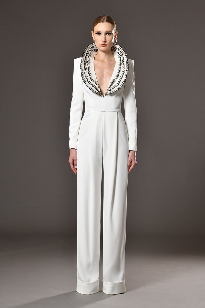 White Crêpe Jumpsuit with Feathers Embroidered Collar