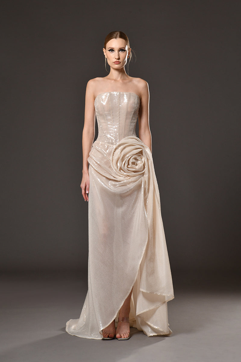 Ivory White Sequined Corset Dress with Flower Detailing
