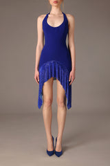 Blue chainmail and crêpe halter necked dress