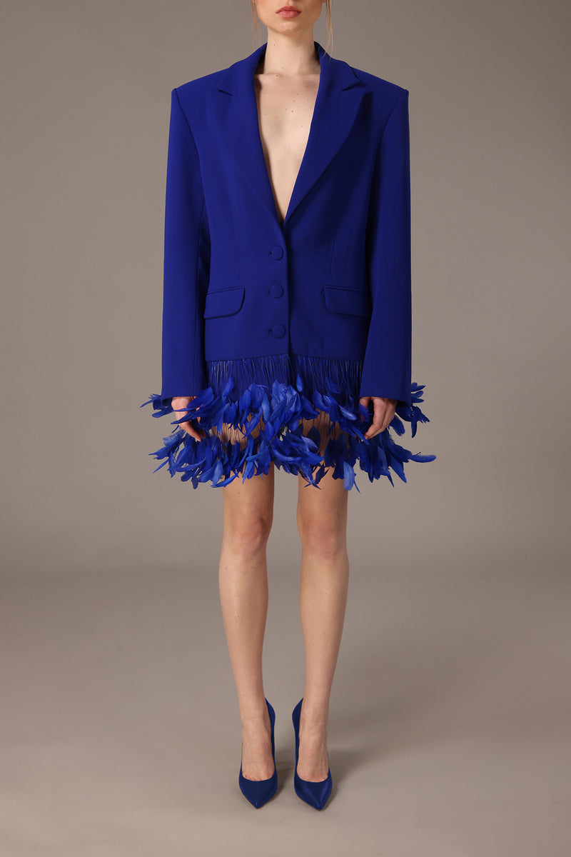Royal blue blazer with feathered hem
