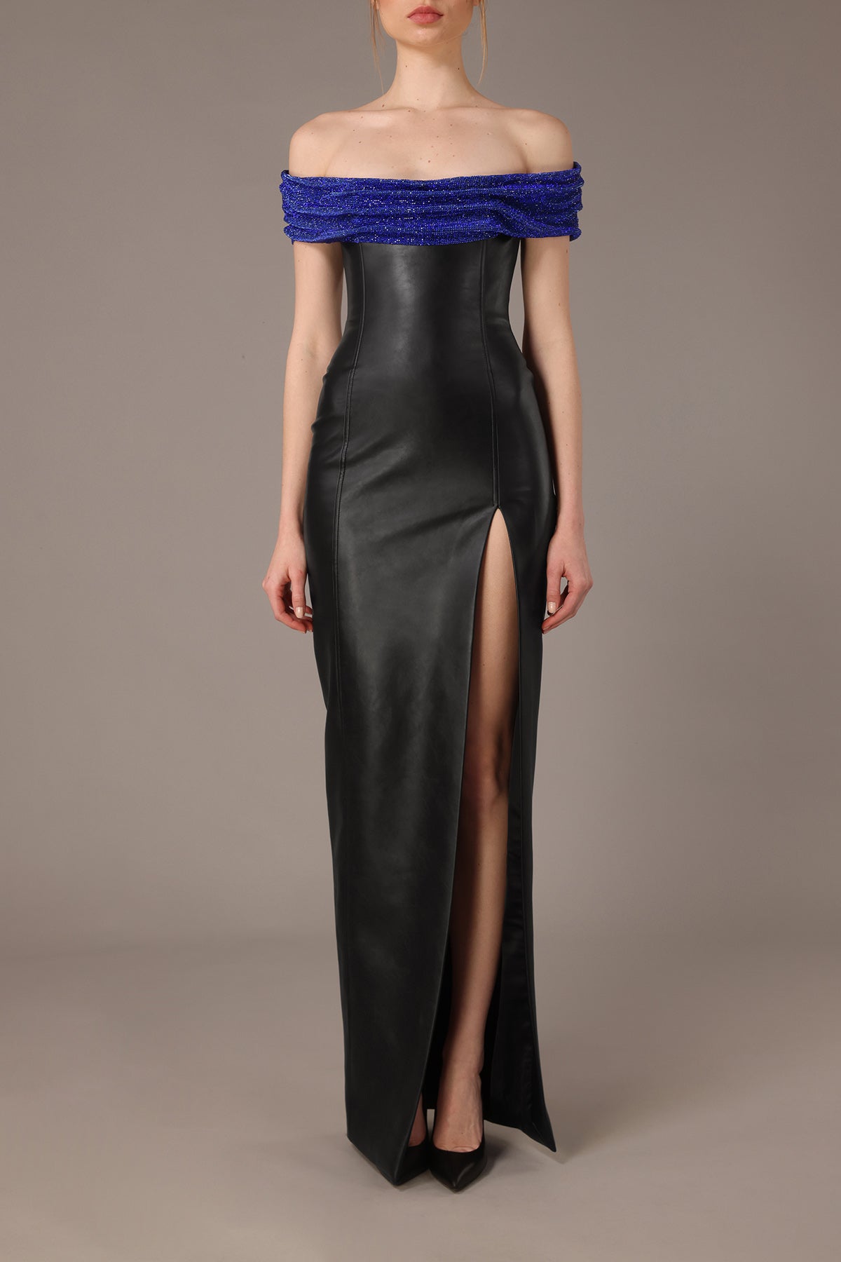 Off the shoulder black leather dress with blue chain mail