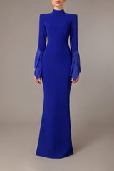 Blue crêpe dress with chain mail on the sleeves