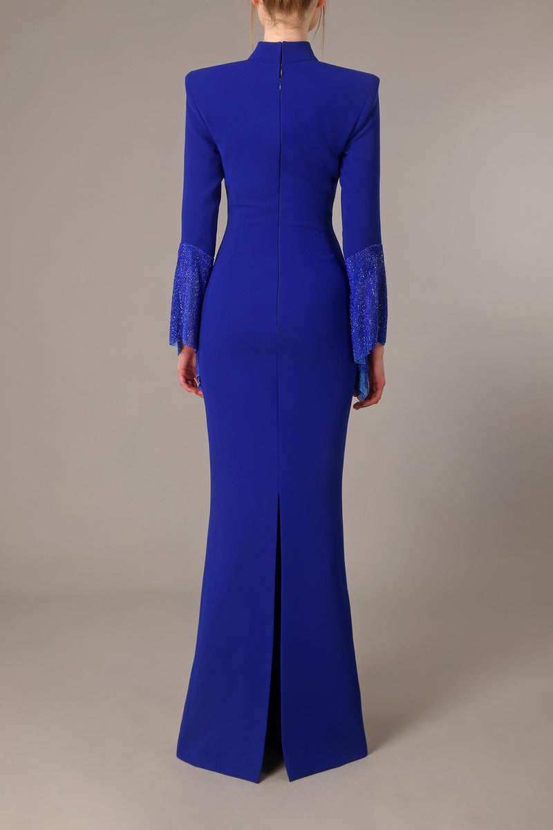 High necked royal blue crêpe dress with chain mail on the sleeves