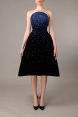 Strapless black velvet fully embroidered midi dress with blue royal stones