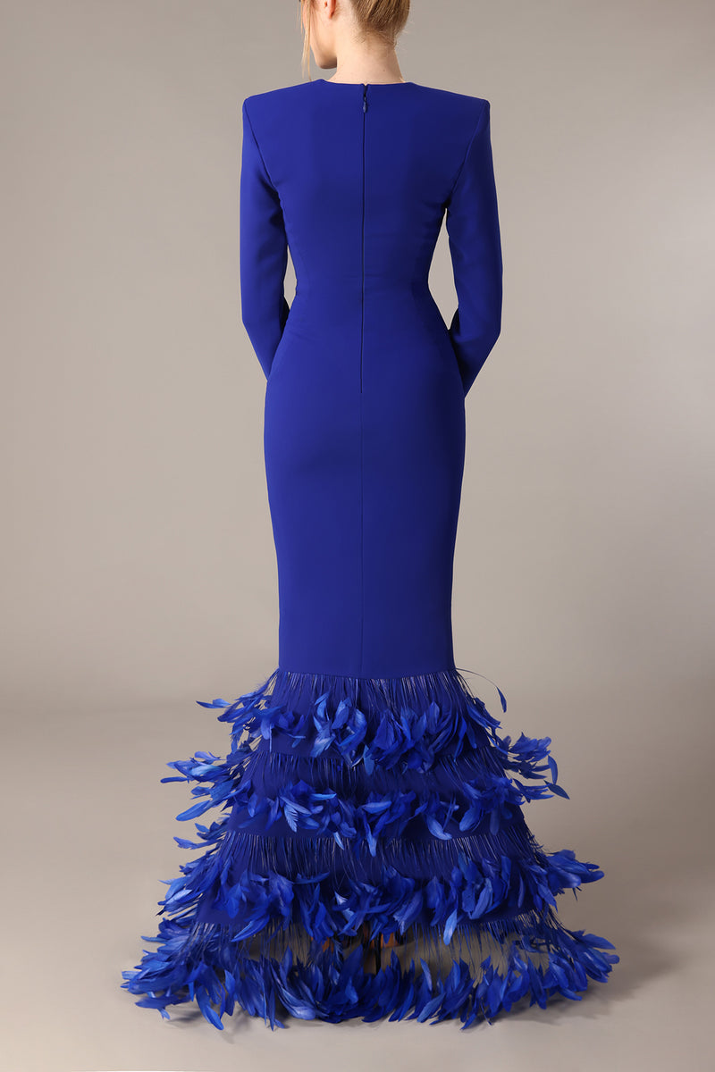 Layered feathered hem on royal blue crêpe dress