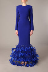 Blue crêpe dress with layered feathered hem