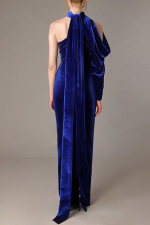 Asymmetrical royal blue velvet dress with structured sleeve