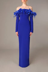 Royal blue crêpe off the shoulders dress with feathered bust