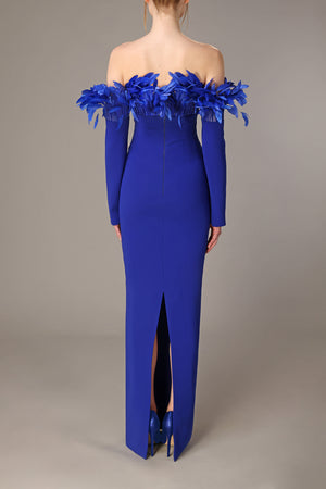 Blue crêpe off the shoulders dress with feathers on the bust