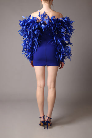 Royal blue mini crêpe off the shoulder dress with feathers