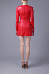 Short red leather dress with long sleeves