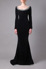 Long sleeved black velvet dress with crystals embroidered neckline