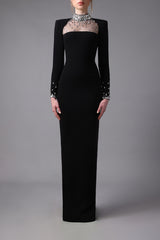 High necked black crêpe dress with crystal embroidered neckline and sleeves