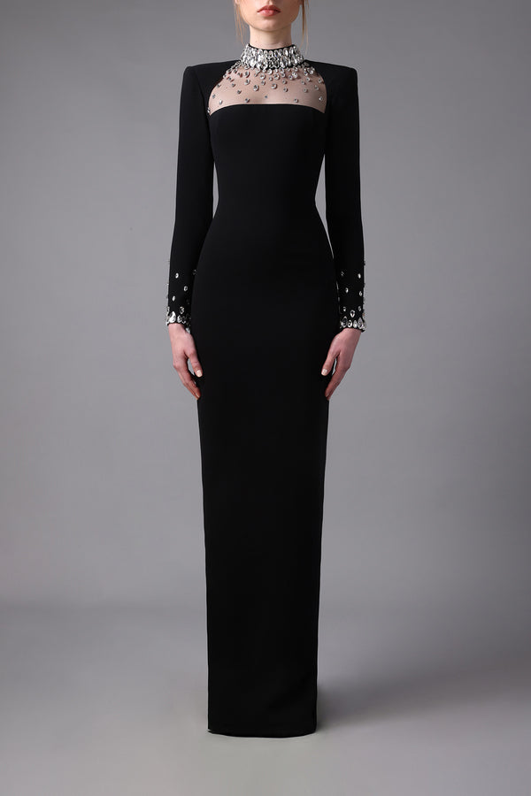 High necked black crêpe dress with crystal embroidered neckline and sleeves