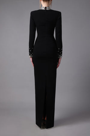 Fitted long sleeved black crêpe dress with crystal embroidered neckline and sleeves