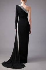 One shoulder black crêpe dress with silver chain mail and black muslin