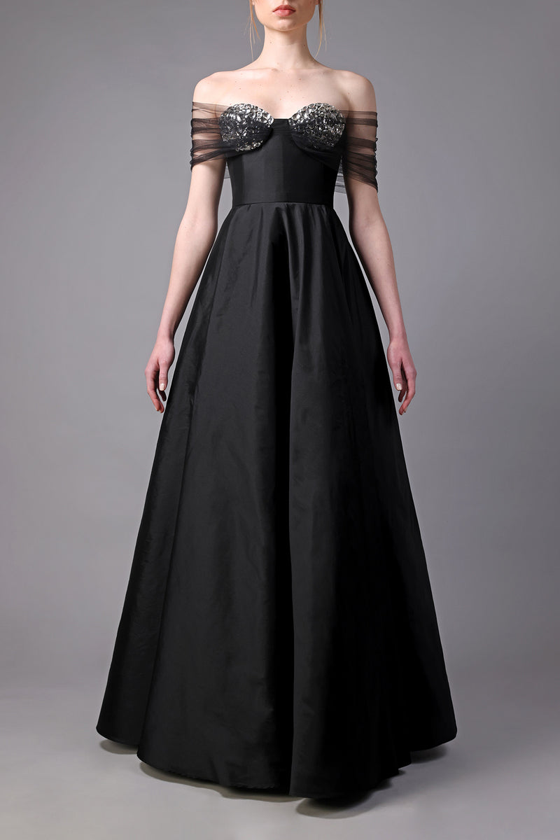 Strapless black taffeta A-line dress with crystal embroidery
