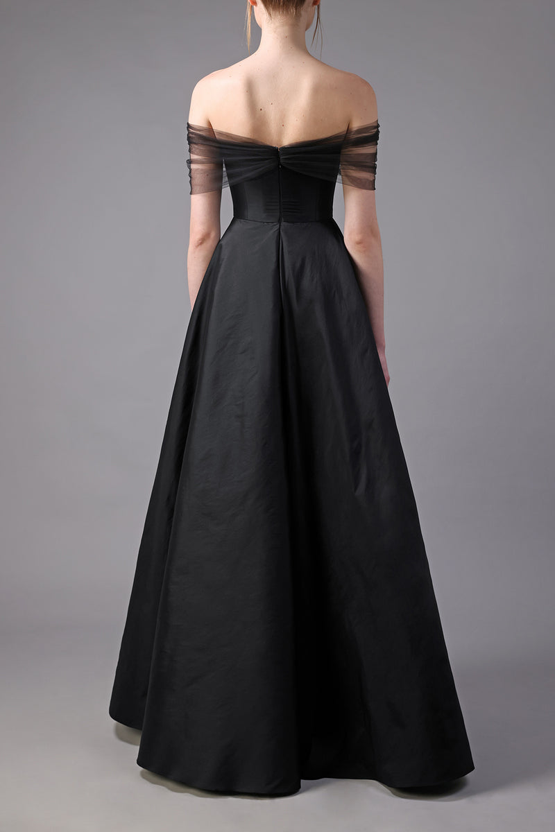 Off the shoulders black taffeta A-line dress with crystal embroidery on bust