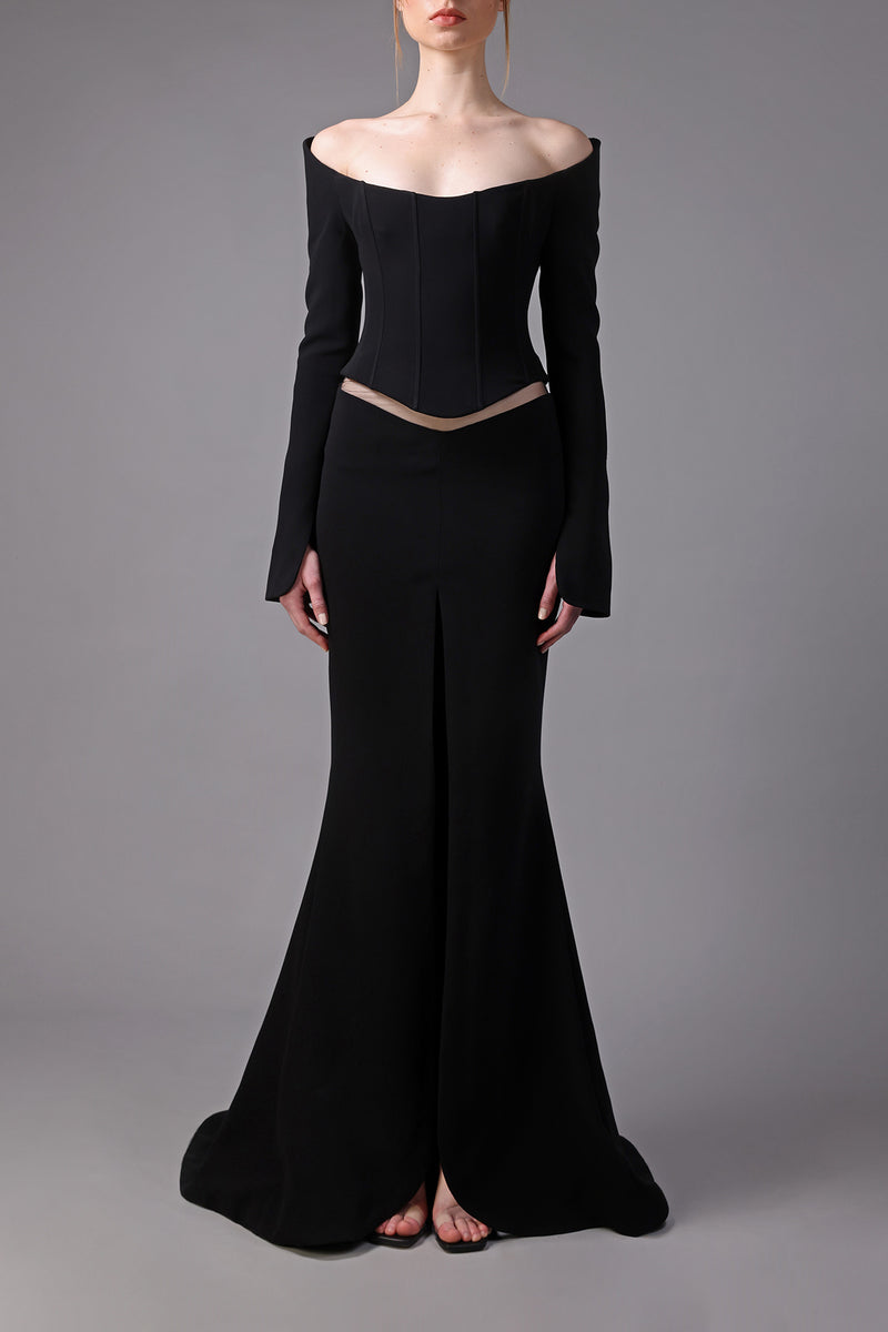  Black mermaid cut skirt and corset with long sleeves
