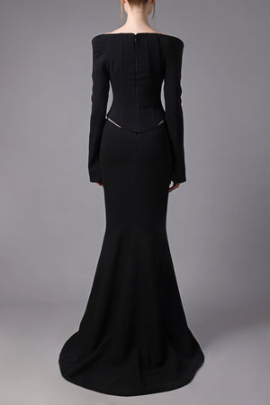 Long sleeved black corset with black mermaid skirt
