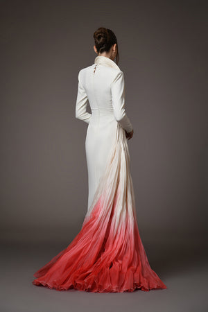 White crepe dress with a red ombre mermaid tail in silk organza back view