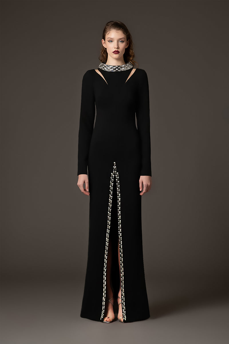 Black crêpe dress with baguette embroidery