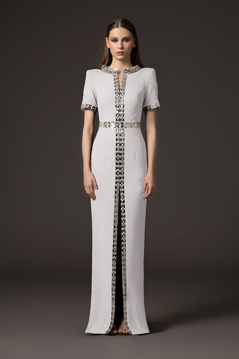 Grey crêpe dress with baguette embroidery‭