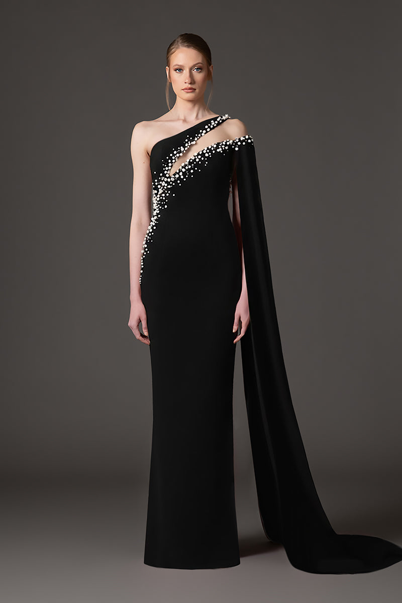 Black asymmetric crêpe dress with crystal and pearl embroidery