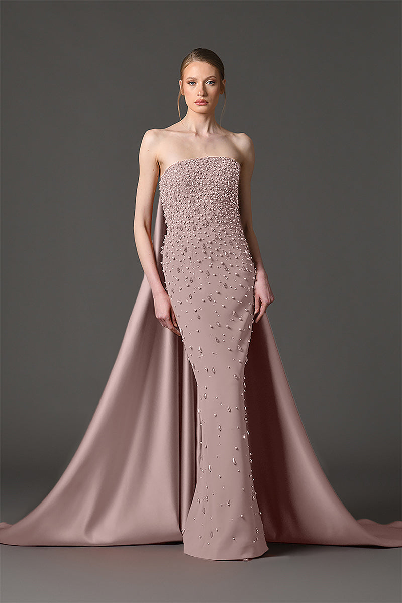 Embroidered pink crêpe dress with a radzimir train