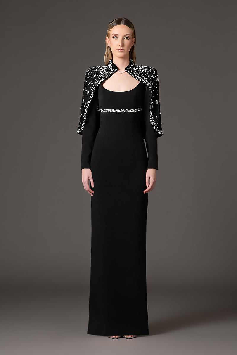 فستان من الكريب الوردي العتيق مع بوليرو مخملي مطرز