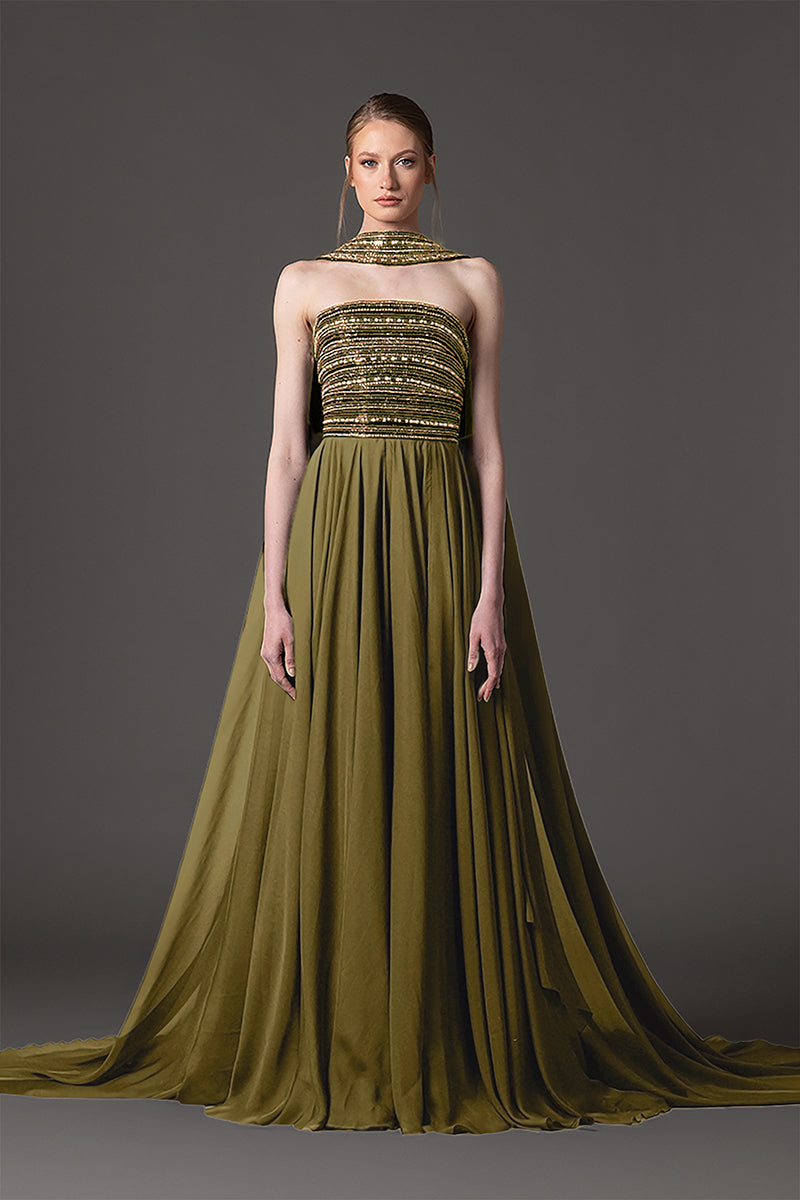 Embroidered green dress with chiffon skirt and cape
