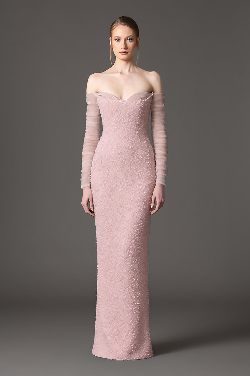 Off the shoulder embroidered pink crêpe dress with tulle sleeves