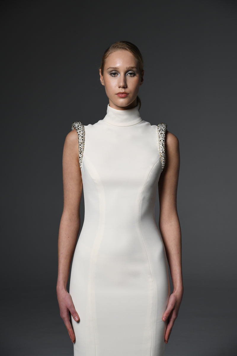  Ivory sleeveless crêpe dress with crystal embellishments