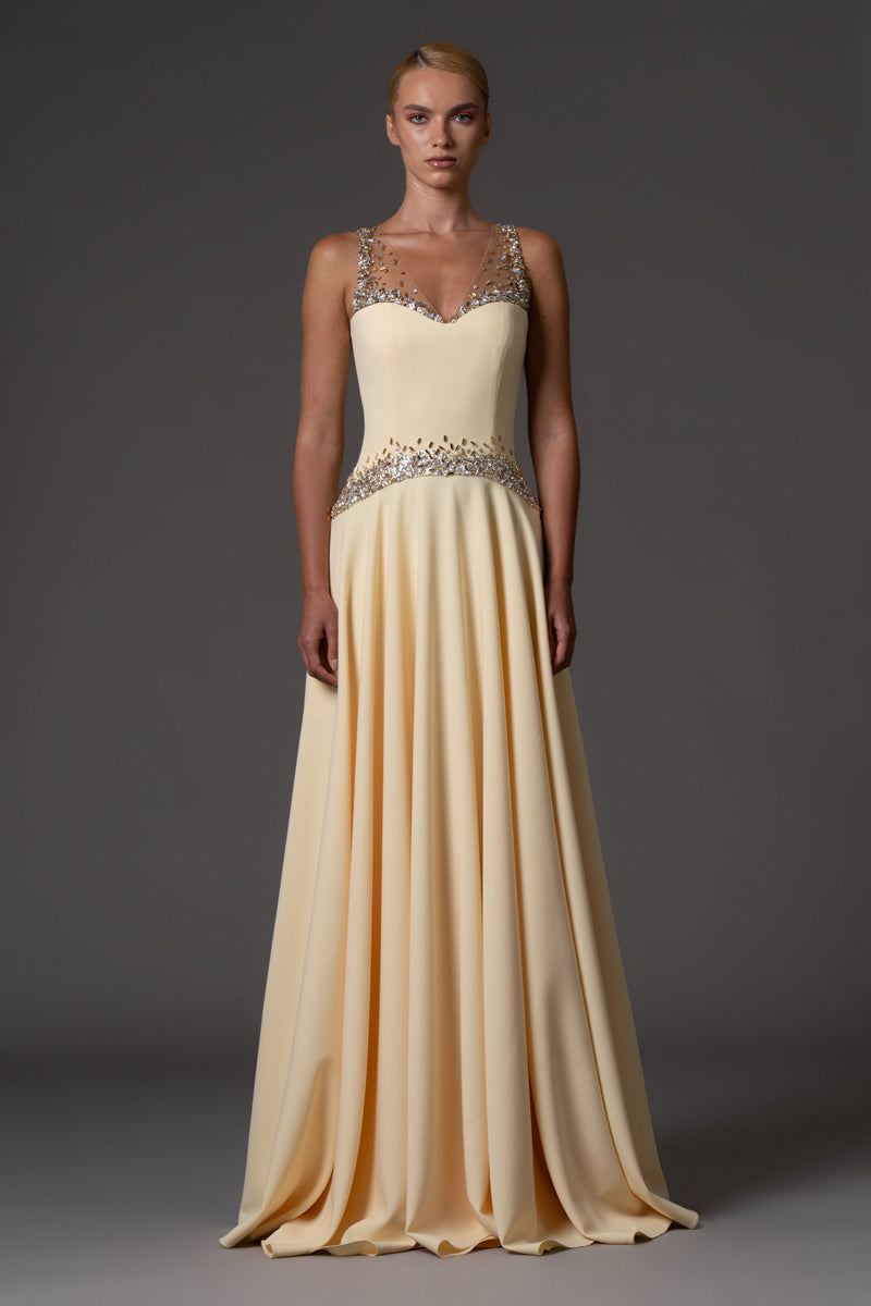 A-line yellow crêpe dress with embroidered neckline and waistline