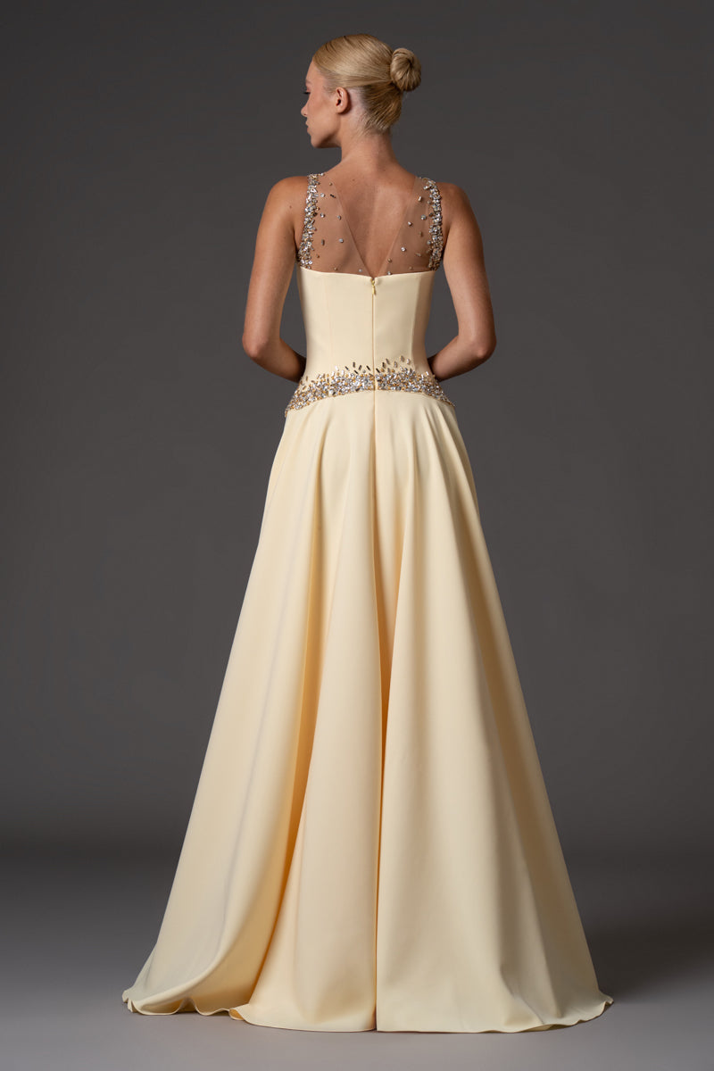 A-line yellow crêpe dress with embroidered neckline and waistline back