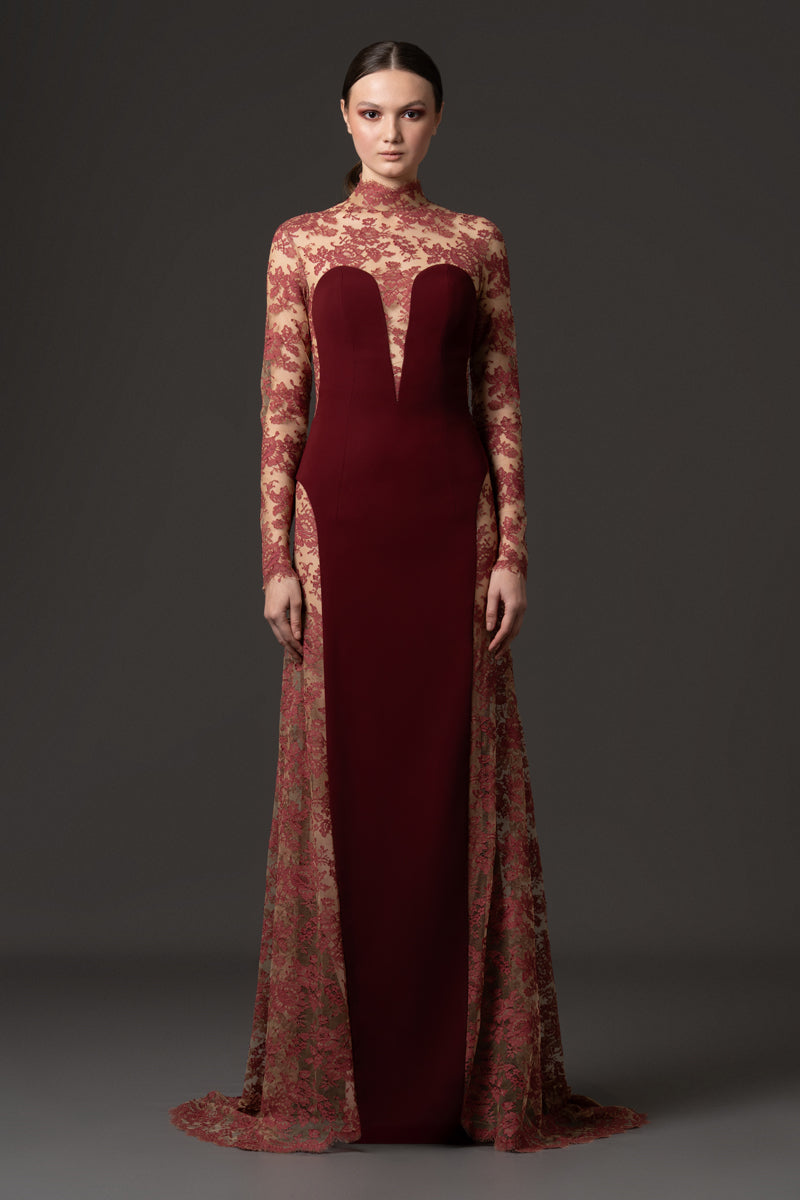 Crêpe gown with lace bodice and side cutouts